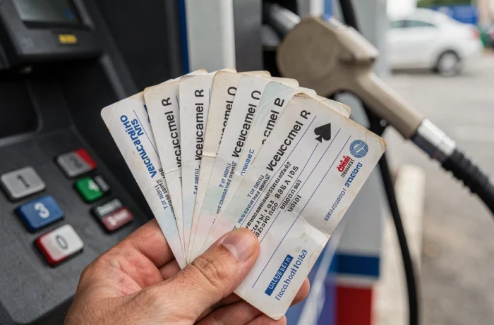 Gros plan sur des chèques vacances tenus en main devant une pompe à carburant en station-service