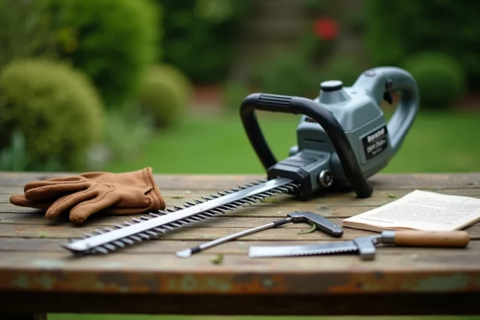 Gros plan d'un taille-haie télescopique posé sur une table en bois avec ses accessoires dans un jardin