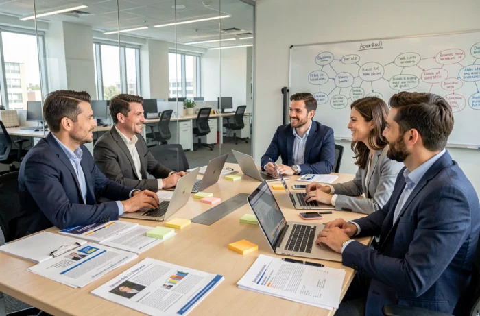 Groupe de professionnels en atelier de formation collaborative autour d'une table de conférence avec supports pédagogiques