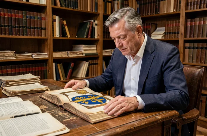 Historien examinant un manuscrit médiéval enluminé représentant les armoiries royales françaises avec fleurs de lys