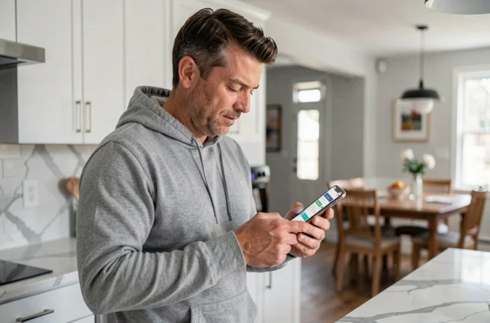 Homme consultant des alertes d'offres d'emploi sur son smartphone dans une cuisine moderne le matin