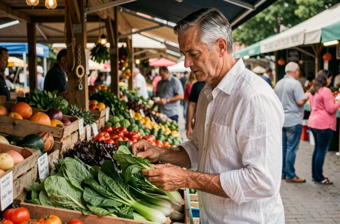 Homme d'âge mûr choisissant des légumes frais sur un marché alimentaire pour une alimentation saine