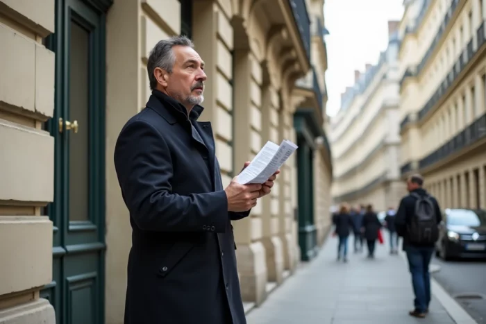 Homme inspectant une annonce de location devant un immeuble haussmannien à Paris