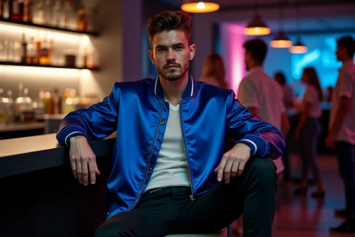 Homme en veste bomber satin bleu cobalt assis au bar d'un club moderne, tendance clubwear masculin