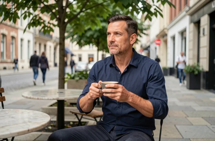 Homme en phase de reconstruction professionnelle prenant du recul autour d'un café en terrasse après un épuisement professionnel