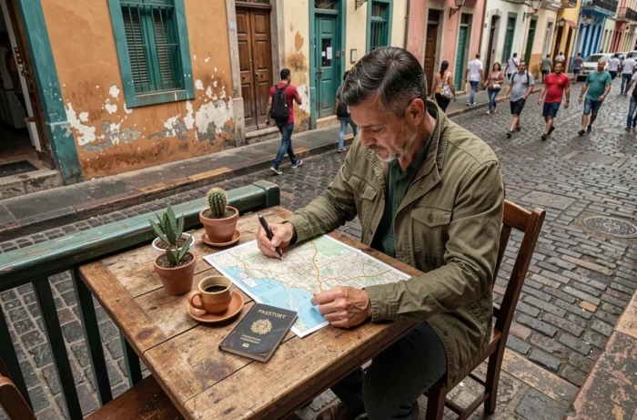 Homme consultant une carte papier dans un café en terrasse avec une architecture coloniale colorée en arrière-plan