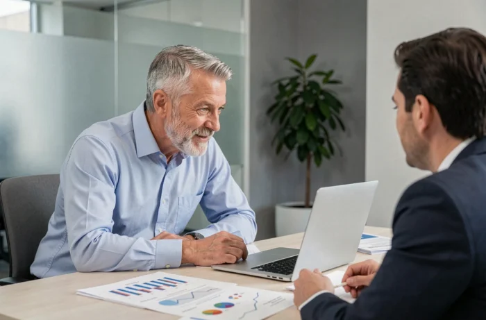 Homme de 60 ans consultant un conseiller financier pour planifier et préparer sa retraite dans un bureau moderne