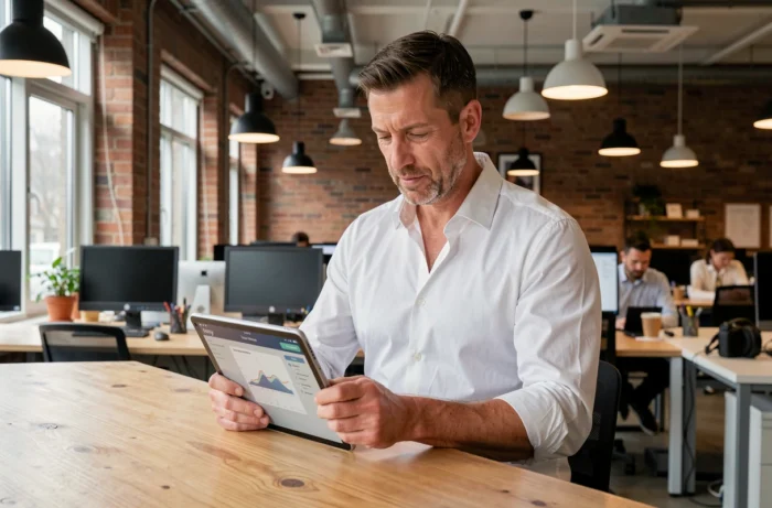 Homme consultant les pages essentielles d'une plateforme de formation sur une tablette dans un espace de coworking