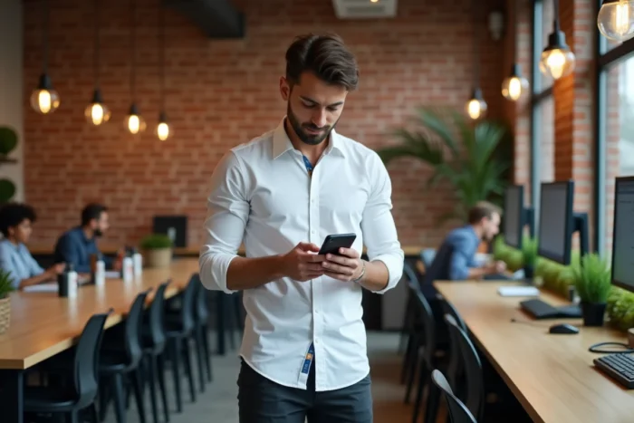 Homme consultant ses revenus en ligne sur smartphone dans un espace de coworking moderne