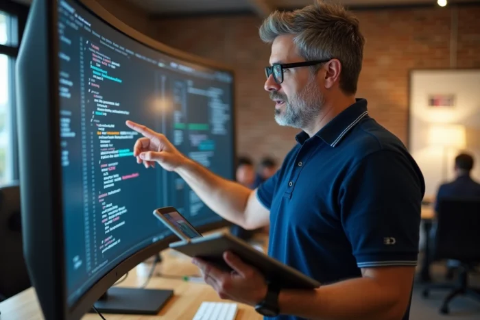 Homme expliquant des notions informatiques sur un écran dans un espace de coworking moderne