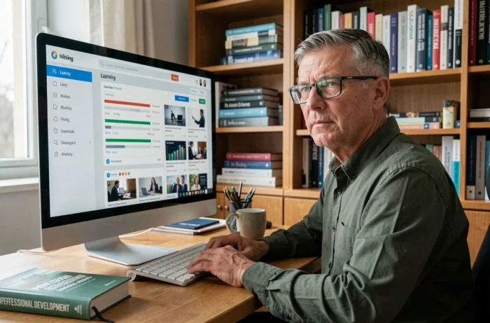 Homme adulte suivant une formation en ligne sur ordinateur depuis son bureau à domicile pour évoluer professionnellement