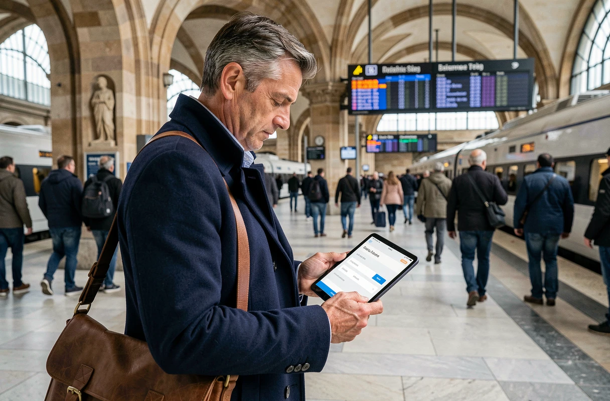 Homme modifiant le nom d'un billet de train sur tablette dans une gare française