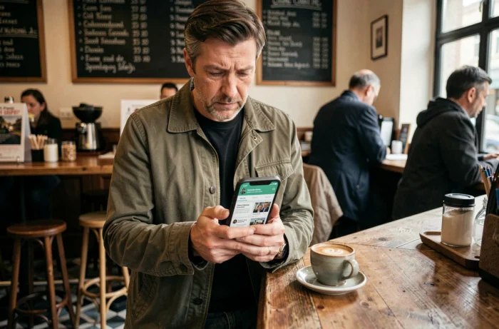 Homme consultant Infolocale sur smartphone dans un café français pour découvrir les événements locaux de sa ville