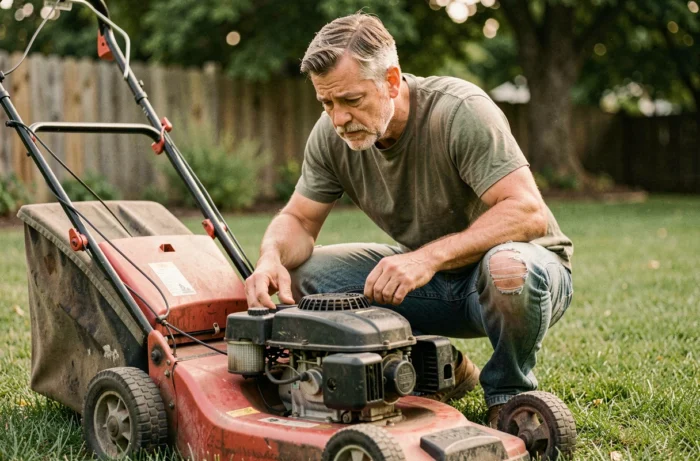 Homme inspectant le moteur de sa tondeuse à essence dans un jardin suburban, cherchant la cause d'une consommation excessive de carburant
