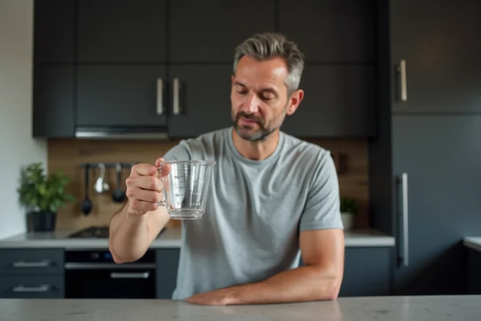 Homme vérifiant la graduation 25 cl d'un verre doseur transparent à hauteur des yeux dans une cuisine moderne