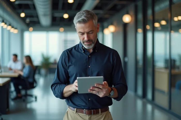 Homme professionnel consultant une application de messagerie sur tablette dans un open space moderne