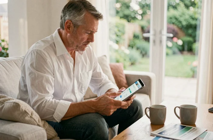 Homme consultant des offres de prêt immobilier sur une tablette depuis son salon lors d'une session de recherche personnelle