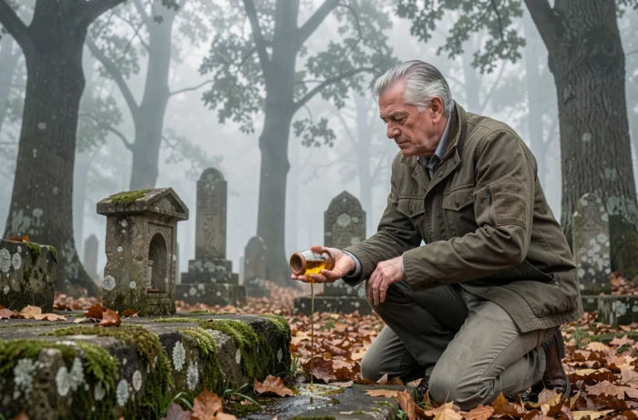 Homme âgé versant de l'huile sur une pierre sacrée en pleine forêt, évoquant un rituel spirituel et la symbolique de renverser de l'huile dans la nature
