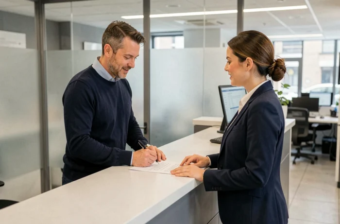 Homme signant un contrat de crédit à la consommation avec un conseiller bancaire