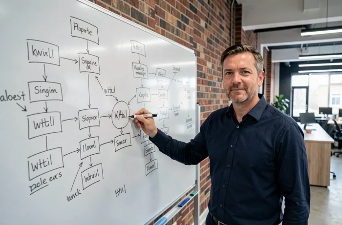 Homme présentant l'architecture d'un sitemap sur un tableau blanc dans une agence web professionnelle