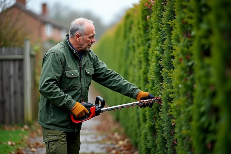 Homme utilisant un taille-haie télescopique pour couper le dessus d'une haute haie dans un jardin résidentiel