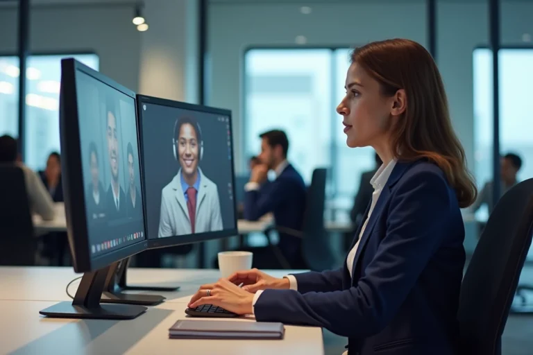 Professionnelle en réunion Teams identifiant les participants sur un double écran de bureau