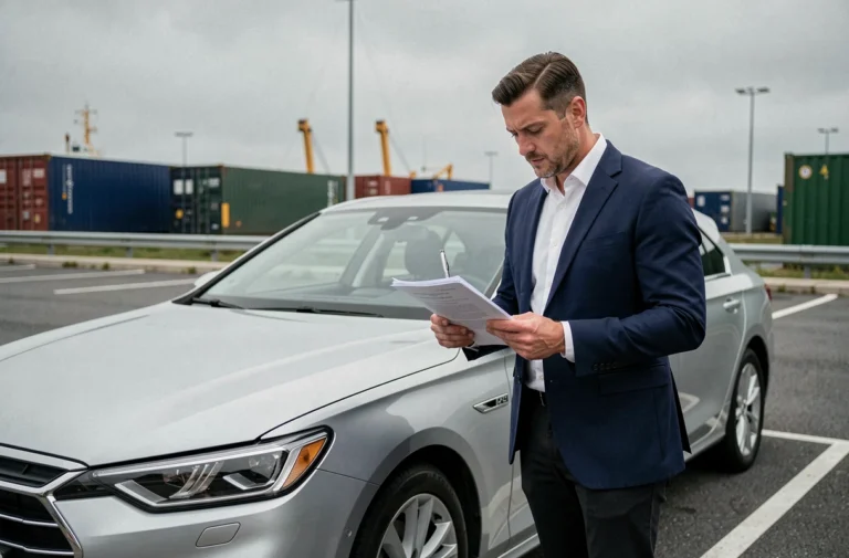 Homme examinant des documents douaniers pour importer une voiture norvégienne dans un port maritime