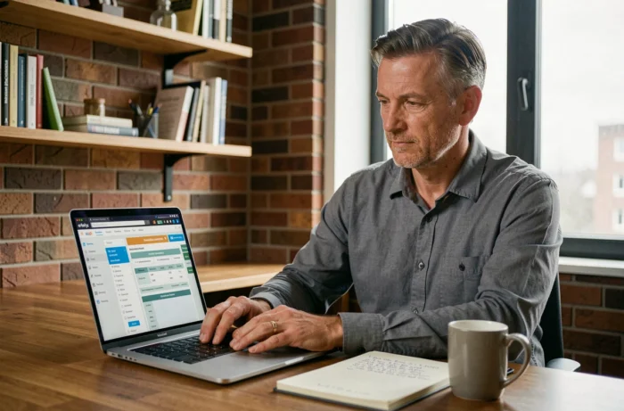 Travailleur indépendant comparant des mutuelles santé sur son ordinateur portable dans son bureau à domicile