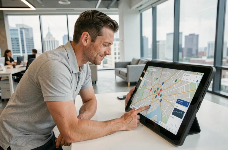 Ingénieur analysant une carte de localisation GPS précise sur tablette dans un bureau technologique moderne