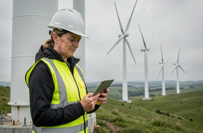 Ingénieure en énergies renouvelables inspectant une éolienne dans un parc éolien verdoyant