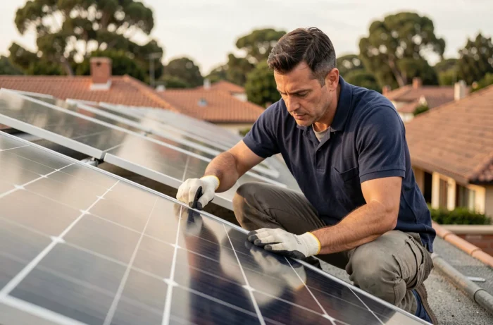 Technicien installant des panneaux solaires photovoltaïques sur le toit d'une maison résidentielle