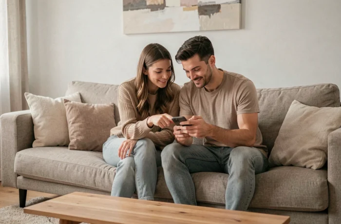 Couple installant l'application MySwissLife sur smartphone dans un salon moderne et confortable