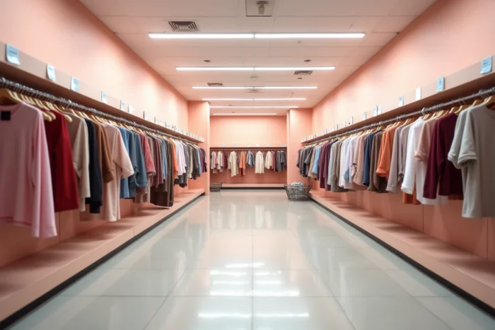 Intérieur vide d'une boutique de mode féminine en liquidation avec portants clairsemés et étiquettes de solde