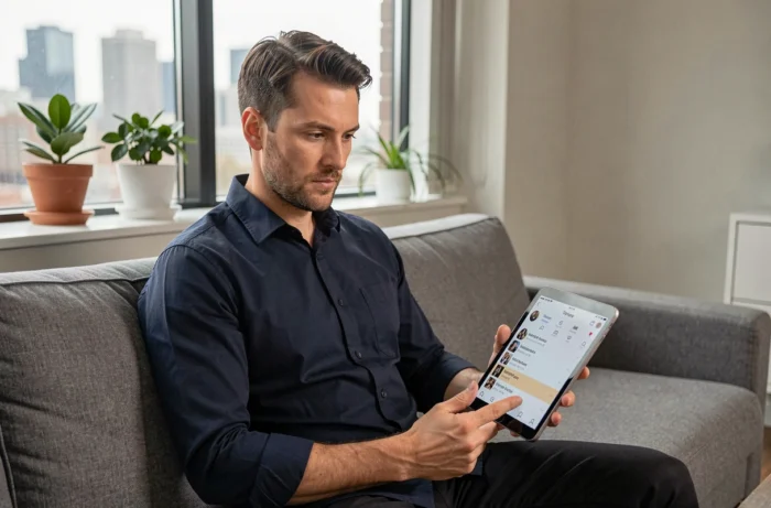 Homme consultant les invitations envoyées sur Instagram via une tablette dans un salon moderne