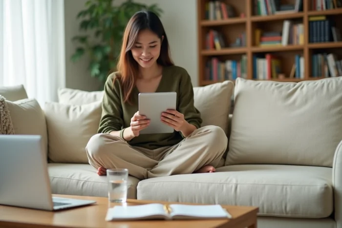 Jeune femme gérant ses revenus d'affiliation en ligne sur tablette depuis son canapé à la maison