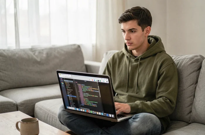 Jeune homme explorant une page sitemap XML sur son ordinateur portable depuis son canapé