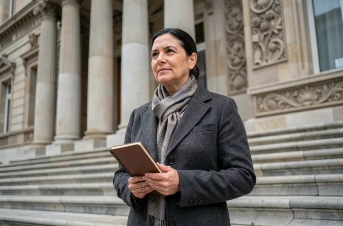 Femme journaliste devant un bâtiment institutionnel parisien en pierre, tenant un carnet de notes avec une expression assurée
