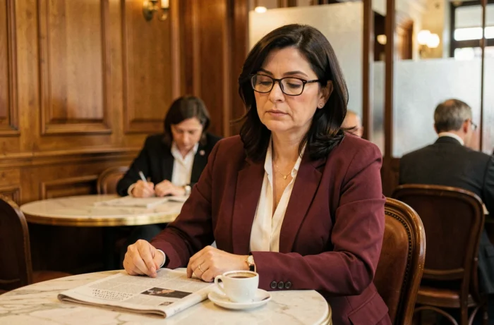 Journaliste femme lisant un journal dans un café parisien avec une tasse d'espresso, lunettes de lecture et blazer bordeaux