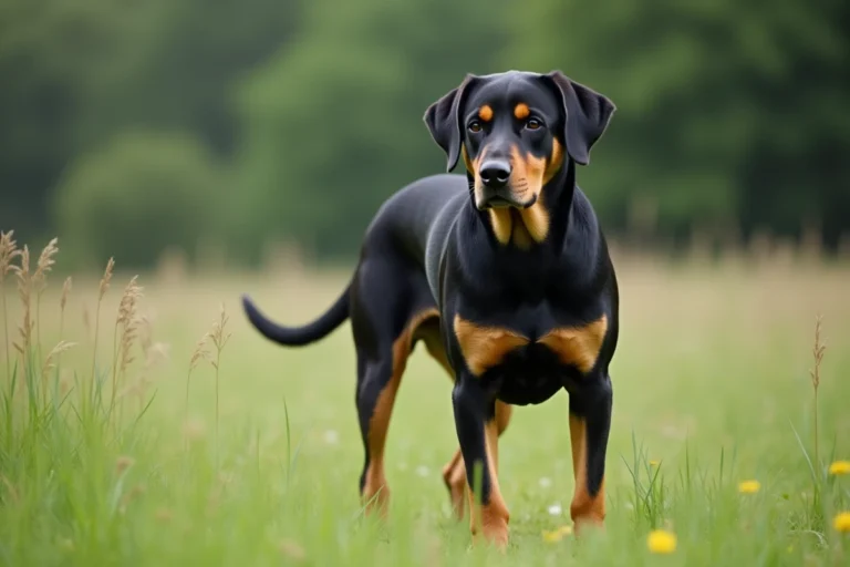 Labrador croisé beauceron debout dans une prairie verte, montrant ses traits distinctifs de la robe noire et feu et sa musculature impressionnante