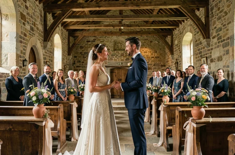 Mariés échangeant leurs vœux dans une chapelle de campagne française élégamment décorée de fleurs sauvages