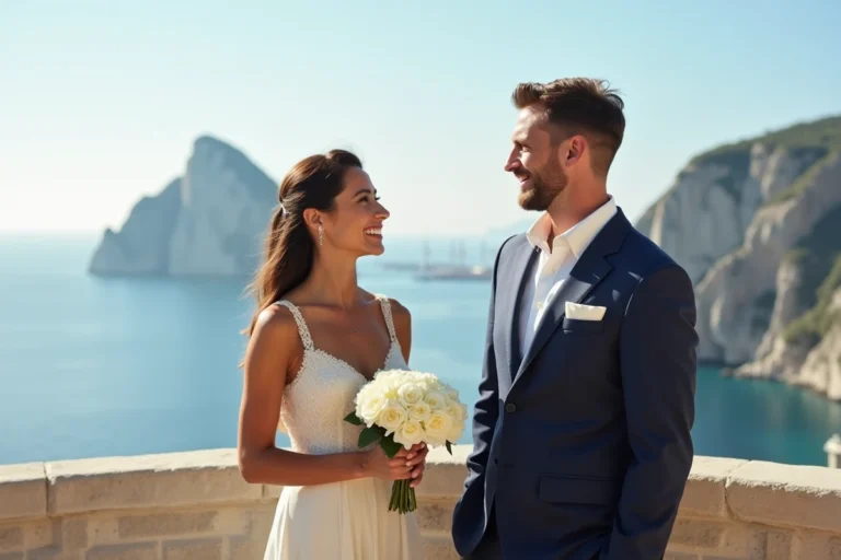 Couple de mariés souriant sur la terrasse du Rocher de Gibraltar avec vue panoramique sur la mer Méditerranée et les côtes espagnoles