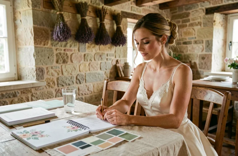 Mariée sereine planifiant son mariage à une table rustique en Provence avec carnets et échantillons floraux