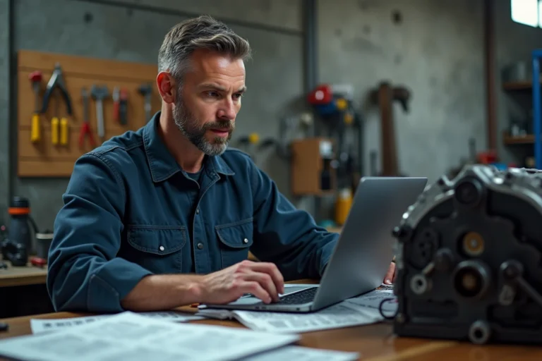 Mécanicien consultant une documentation technique automobile en PDF sur un ordinateur portable dans un garage
