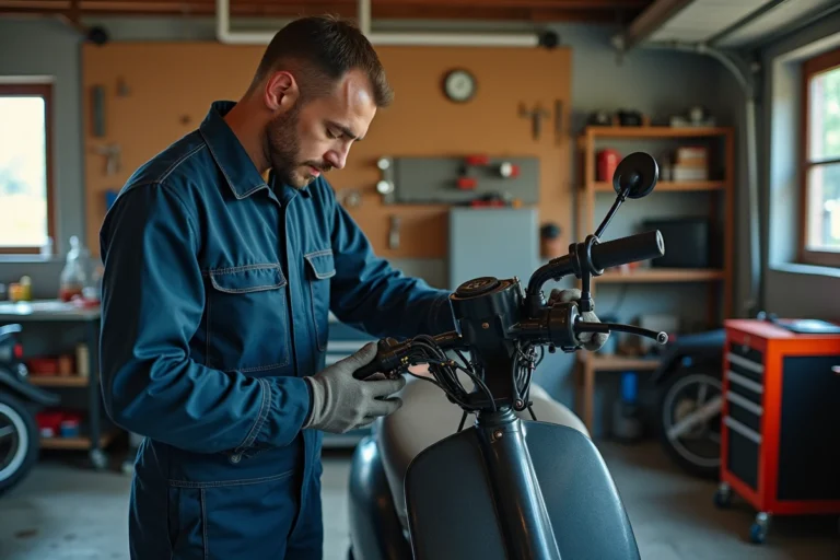 Mécanicien inspectant le faisceau électrique d'un scooter 125cc dans un atelier de réparation