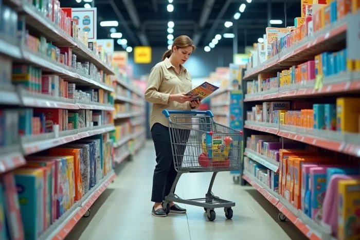 Mère de famille consultant le catalogue Leclerc dans le rayon fournitures scolaires d'un hypermarché pour la rentrée 2026