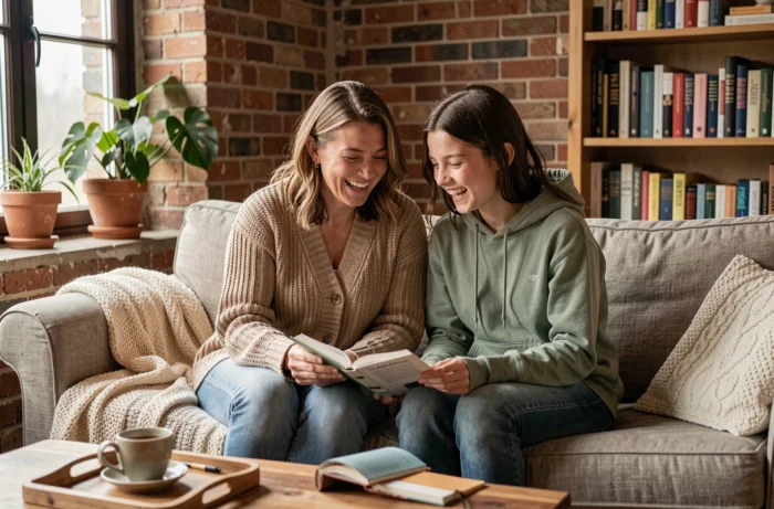 Mère et fille adolescente complices en train de lire un livre de recettes sur un canapé confortable