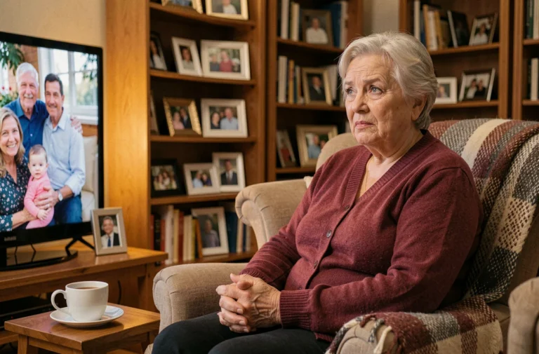 Mère âgée regardant une série télévisée avec une expression émue et amusée dans un salon chaleureux