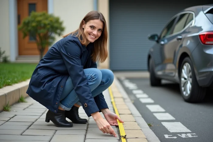 Femme mesurant la distance réglementaire devant un garage urbain pour éviter une infraction au code de la route