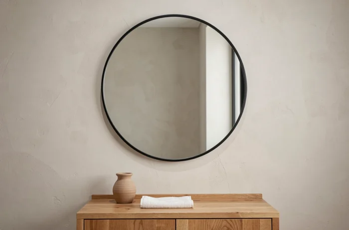 Miroir rond à cadre noir au-dessus d'un coffrage en bois dans des toilettes suspendues