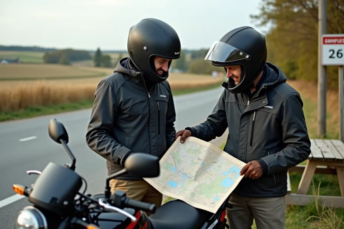 Deux motards en équipement complet consultant une carte routière à côté d'une moto 125cc sur une route rurale française